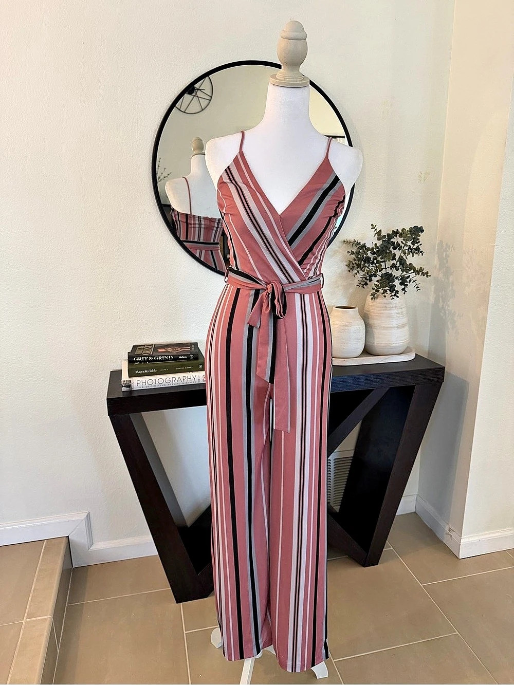 Pink & Black Striped Wide Leg Jumpsuit